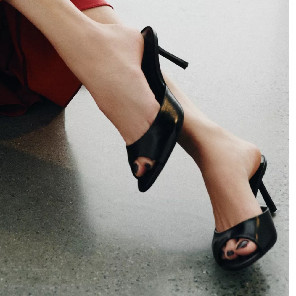 Zara Black Leather Open-Toe Stiletto Mule